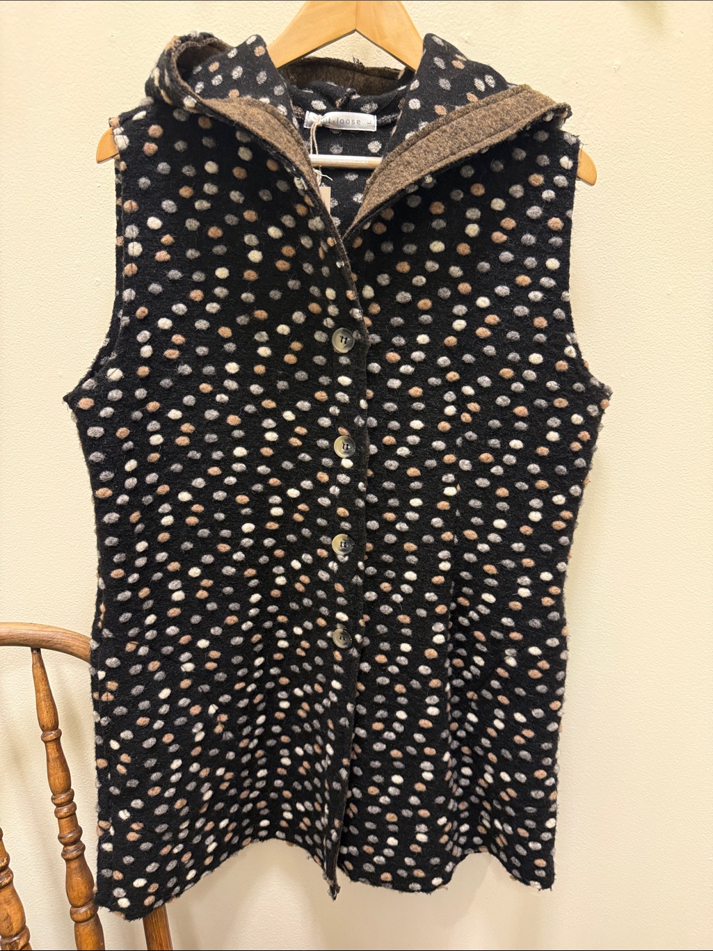 Cut Loose Black Knit Hooded Vest With Cream & Brown Spots